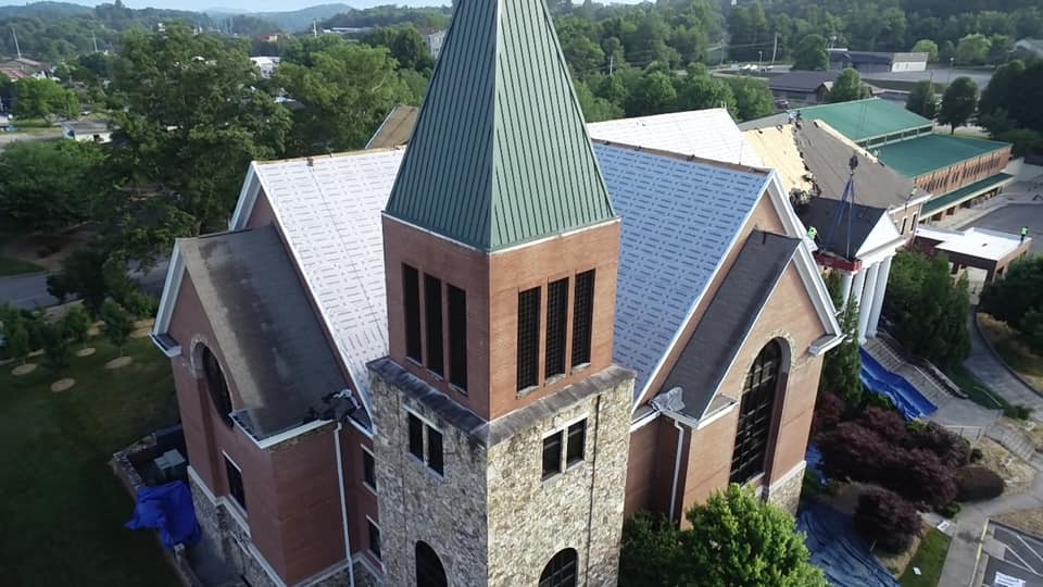 Wide view of roof system and bell tower