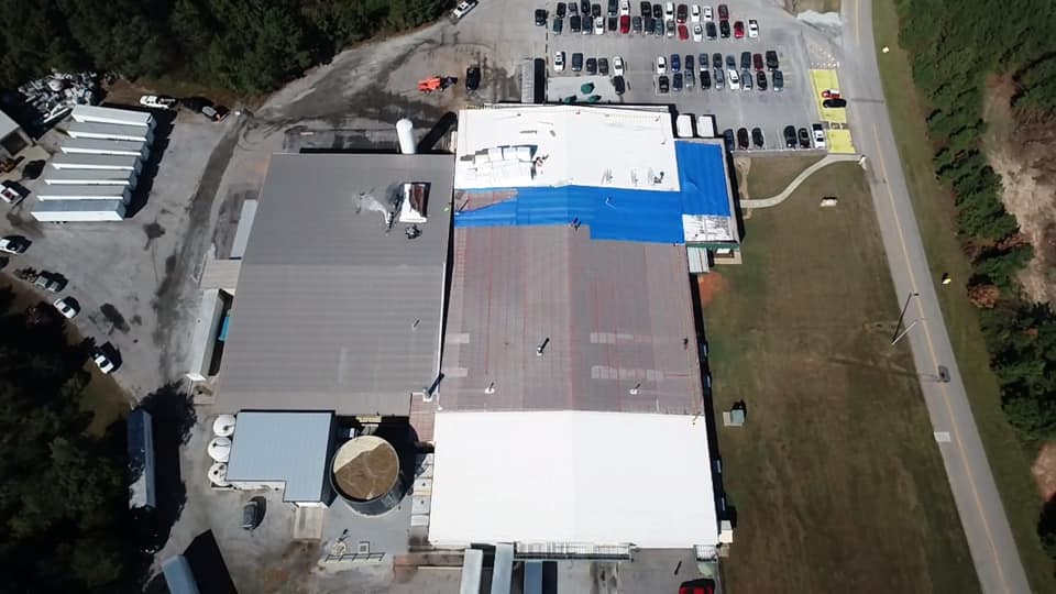 aerial photo of plant in Hartwell that had leaks and an aging roof