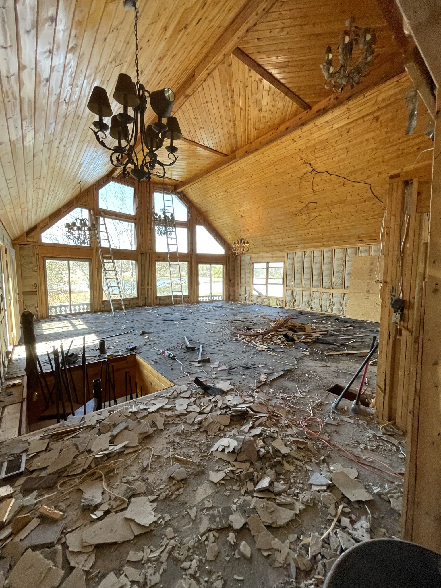 Photo of interior of great room of the home showing the deconstruction of the ski lift shaft